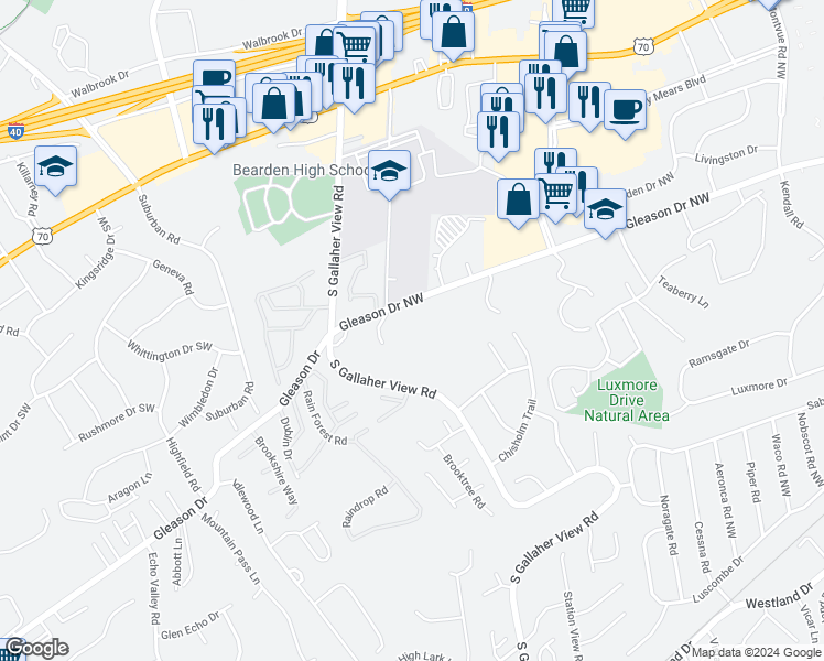 map of restaurants, bars, coffee shops, grocery stores, and more near 8408 Gleason Drive in Knoxville