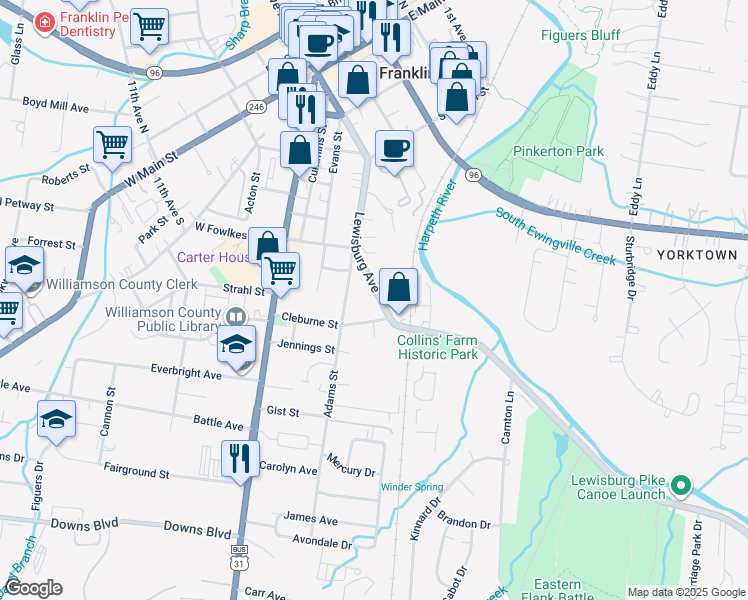 map of restaurants, bars, coffee shops, grocery stores, and more near 210 Lewisburg Avenue in Franklin
