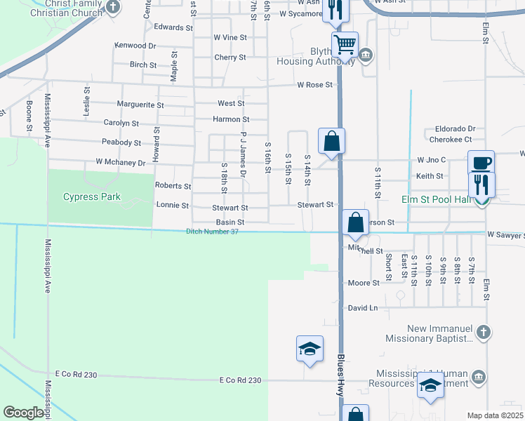 map of restaurants, bars, coffee shops, grocery stores, and more near 1607 Stewart Street in Blytheville