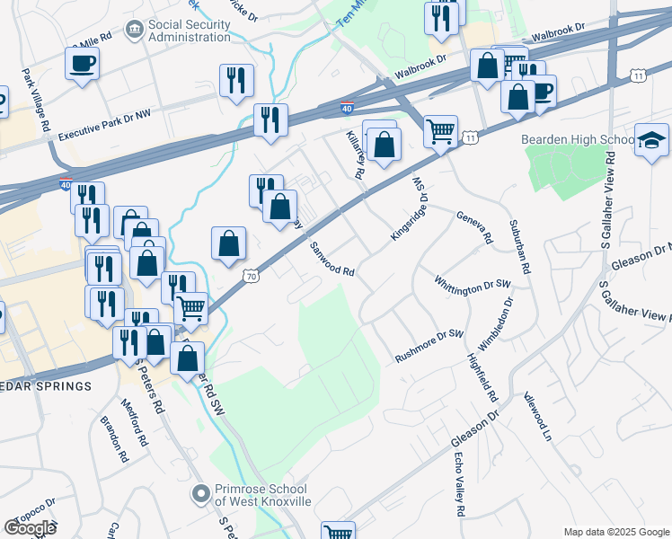 map of restaurants, bars, coffee shops, grocery stores, and more near 110 Sanwood Road in Knoxville