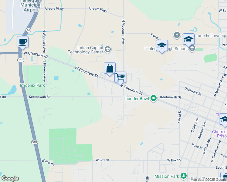 map of restaurants, bars, coffee shops, grocery stores, and more near 0 15 Brewer Avenue in Tahlequah