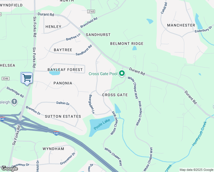 map of restaurants, bars, coffee shops, grocery stores, and more near 4713 White Chapel Way in Raleigh