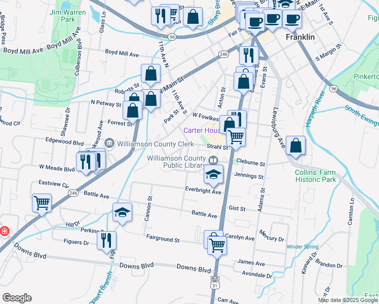 map of restaurants, bars, coffee shops, grocery stores, and more near 1227 Carter Street in Franklin
