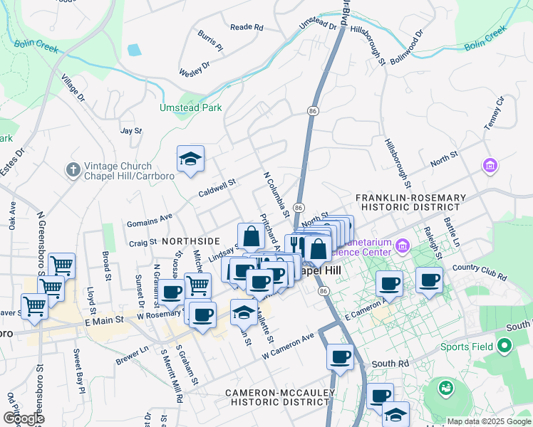 map of restaurants, bars, coffee shops, grocery stores, and more near 411 Pritchard Avenue in Chapel Hill