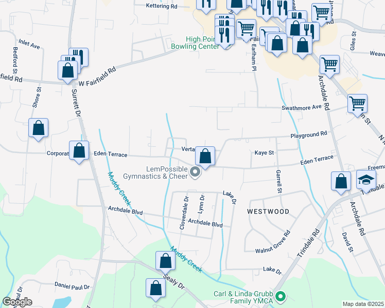 map of restaurants, bars, coffee shops, grocery stores, and more near 716A Verta Avenue in Archdale