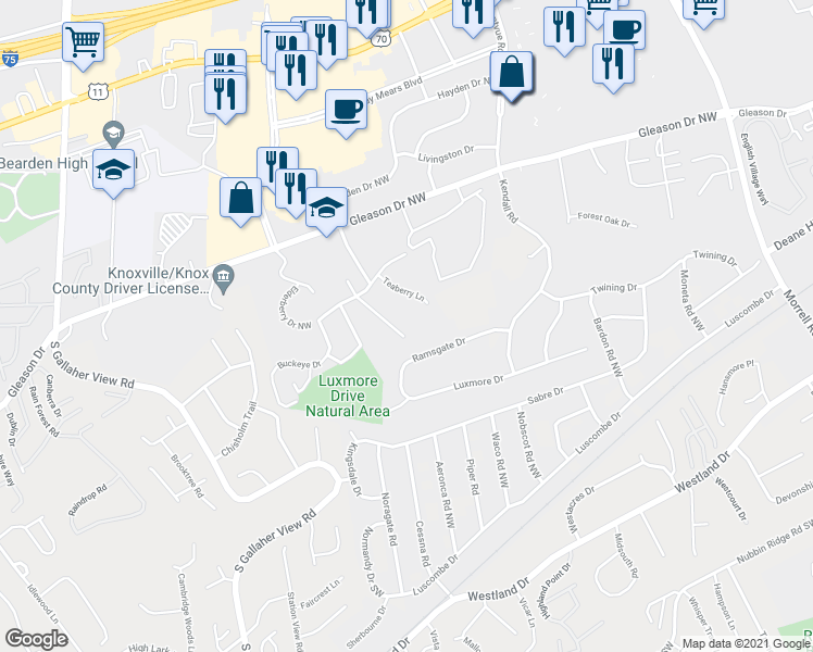 map of restaurants, bars, coffee shops, grocery stores, and more near 804 Flanders Lane Northwest in Knoxville