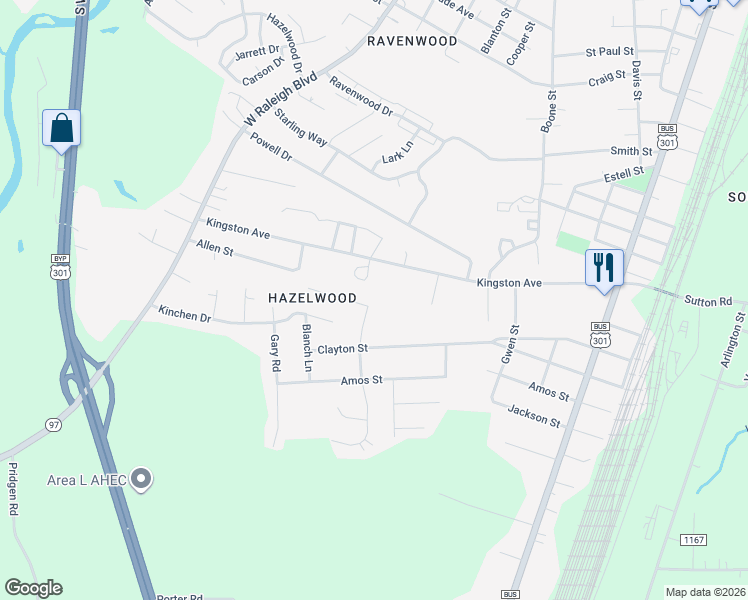 map of restaurants, bars, coffee shops, grocery stores, and more near 656 Haggerty Trail in Rocky Mount