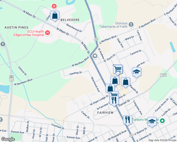 map of restaurants, bars, coffee shops, grocery stores, and more near 2263 Sherwood Avenue in Tarboro