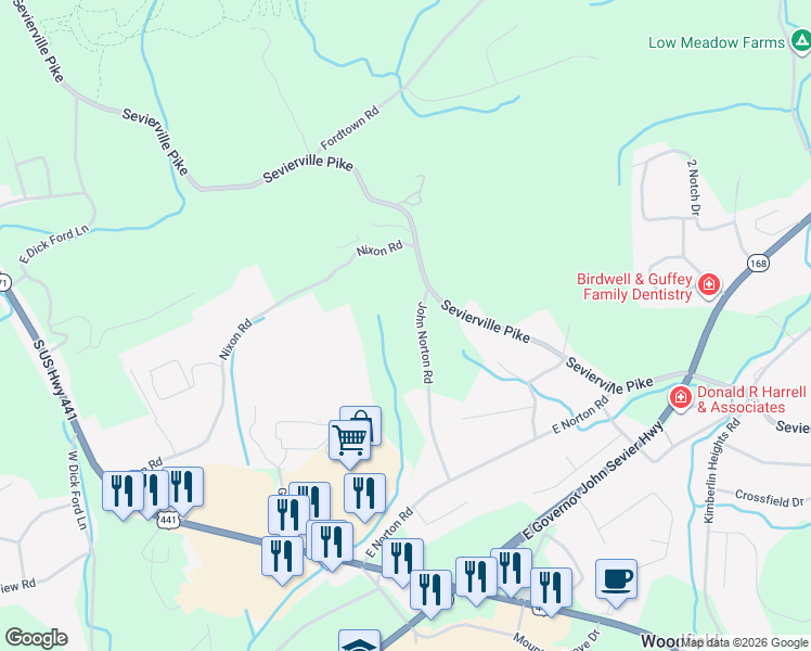map of restaurants, bars, coffee shops, grocery stores, and more near 7207 John Norton Road in Knoxville