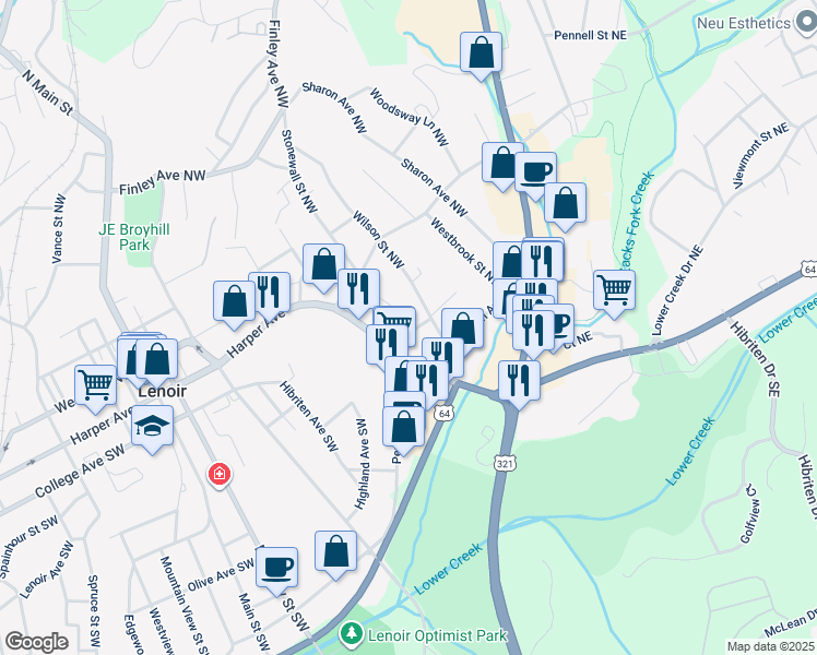 map of restaurants, bars, coffee shops, grocery stores, and more near 113 Palmer Street Northwest in Lenoir