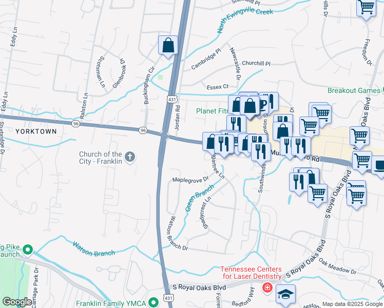 map of restaurants, bars, coffee shops, grocery stores, and more near 910 Murfreesboro Road in Franklin