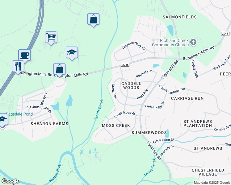 map of restaurants, bars, coffee shops, grocery stores, and more near 2814 Gross Avenue in Wake Forest