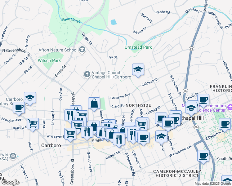 map of restaurants, bars, coffee shops, grocery stores, and more near 611 Sykes Street in Chapel Hill