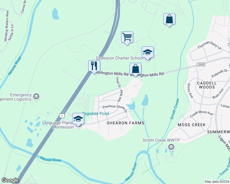 map of restaurants, bars, coffee shops, grocery stores, and more near 4483 Middletown Drive in Wake Forest