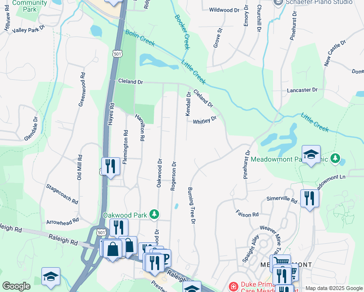 map of restaurants, bars, coffee shops, grocery stores, and more near 22 Kendall Drive in Chapel Hill
