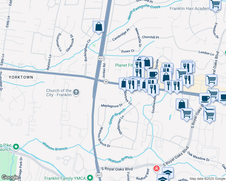 map of restaurants, bars, coffee shops, grocery stores, and more near 910 Murfreesboro Road in Franklin
