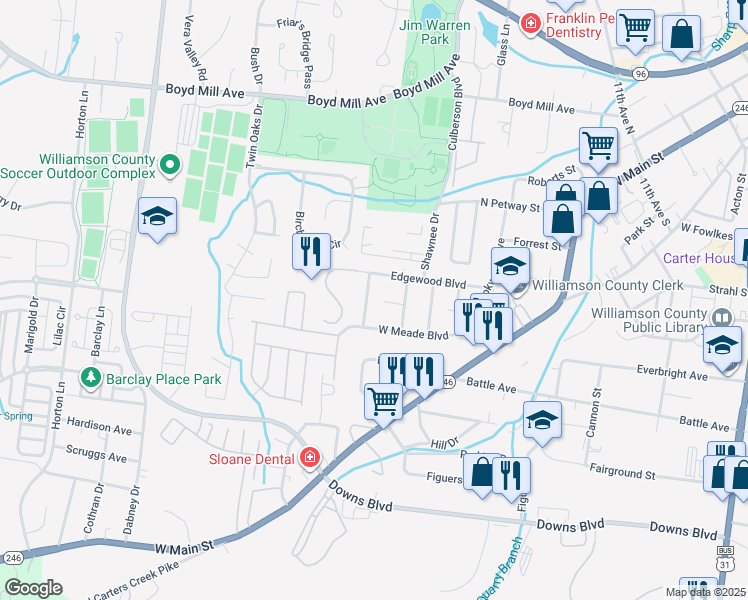 map of restaurants, bars, coffee shops, grocery stores, and more near 1310 Robin Hill Road in Franklin