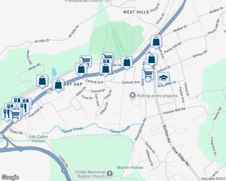 map of restaurants, bars, coffee shops, grocery stores, and more near 115 Long Drive in Harriman