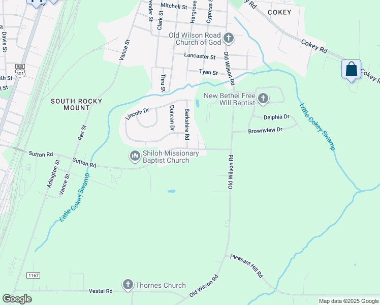 map of restaurants, bars, coffee shops, grocery stores, and more near 905 Sutton Road in Rocky Mount