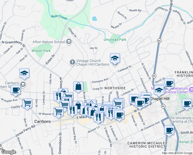 map of restaurants, bars, coffee shops, grocery stores, and more near 611 Sykes Street in Chapel Hill