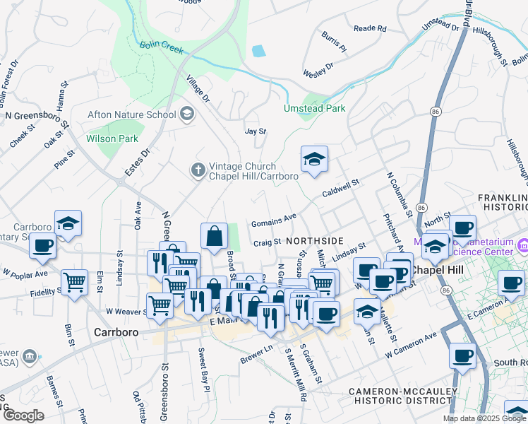 map of restaurants, bars, coffee shops, grocery stores, and more near 611 Sykes Street in Chapel Hill