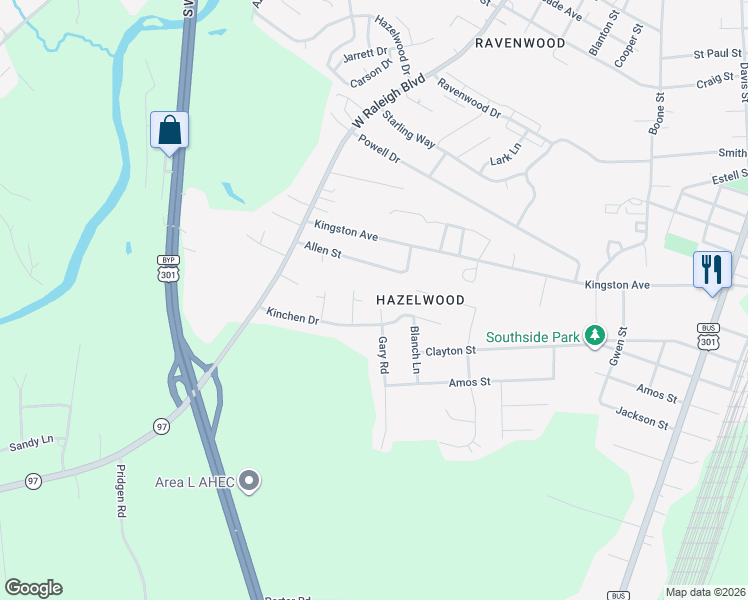 map of restaurants, bars, coffee shops, grocery stores, and more near 108 Gary Court in Rocky Mount