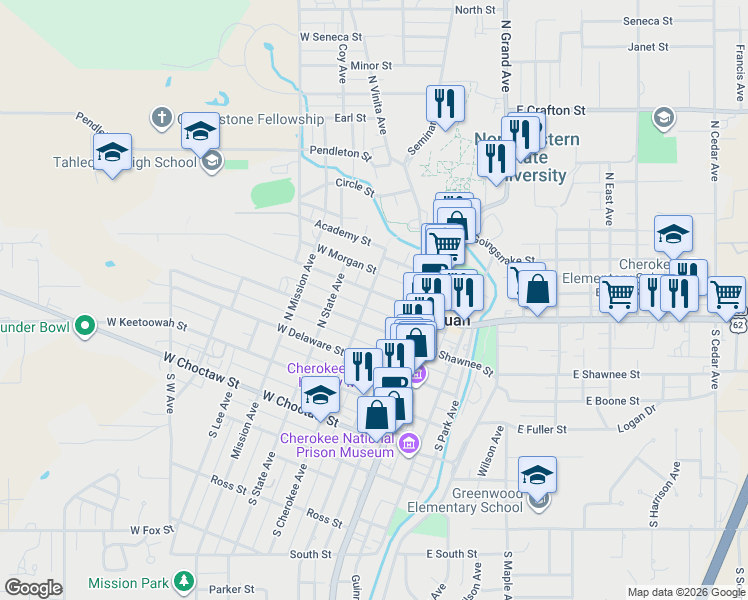 map of restaurants, bars, coffee shops, grocery stores, and more near 225 West Downing Street in Tahlequah
