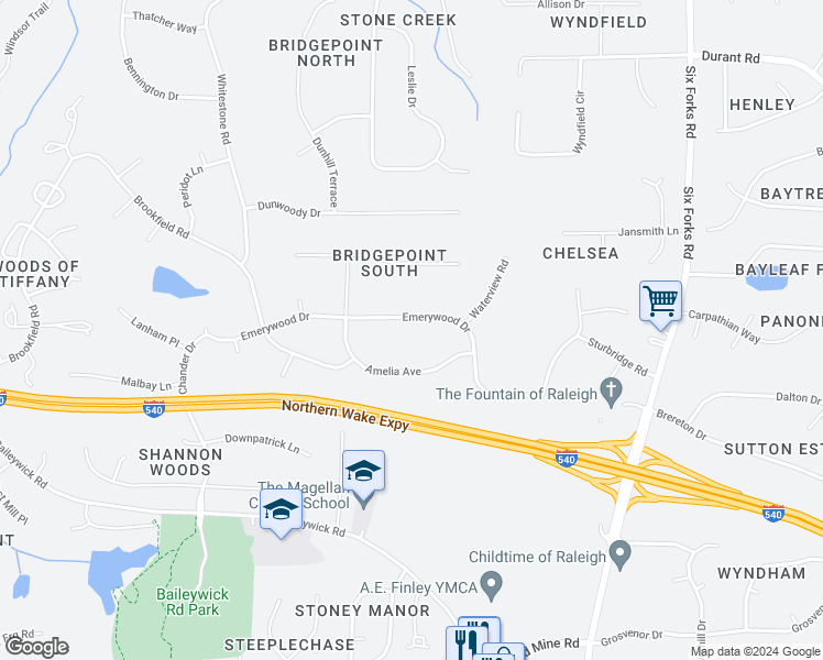 map of restaurants, bars, coffee shops, grocery stores, and more near 413 Emerywood Drive in Raleigh