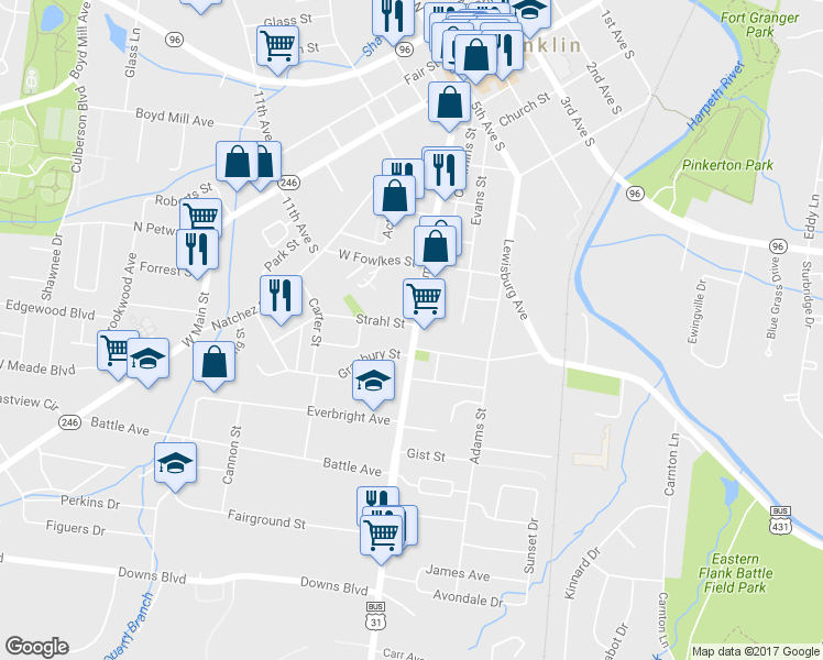 map of restaurants, bars, coffee shops, grocery stores, and more near 1200 Columbia Avenue in Franklin