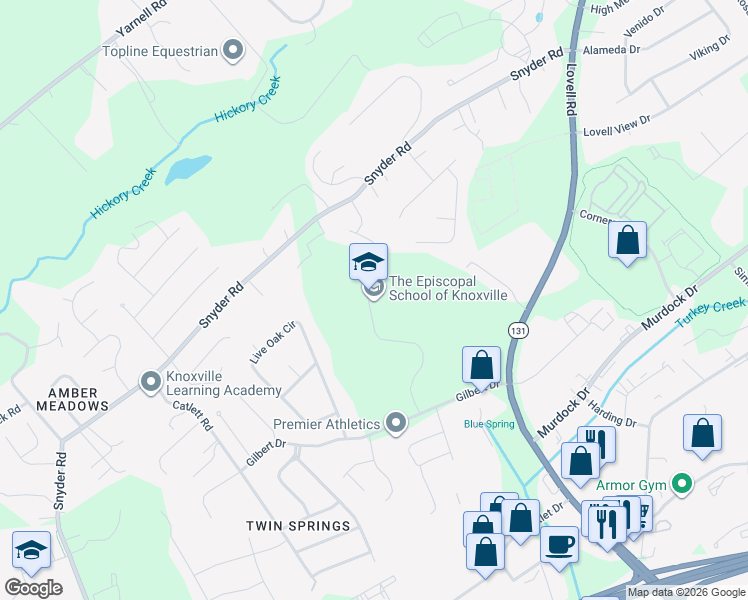 map of restaurants, bars, coffee shops, grocery stores, and more near 950 Episcopal School Way in Knoxville