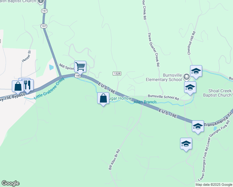 map of restaurants, bars, coffee shops, grocery stores, and more near U.S. Route 19E in Burnsville