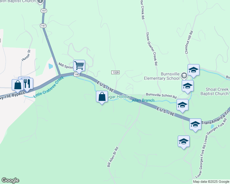map of restaurants, bars, coffee shops, grocery stores, and more near U.S. Route 19E in Burnsville