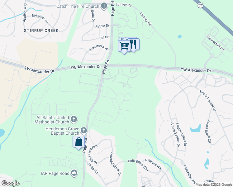 map of restaurants, bars, coffee shops, grocery stores, and more near 1215 Brightskies Street in Morrisville