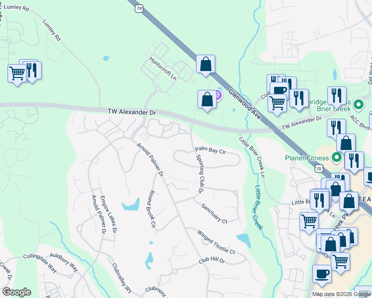 map of restaurants, bars, coffee shops, grocery stores, and more near 9308 Palm Bay Circle in Raleigh