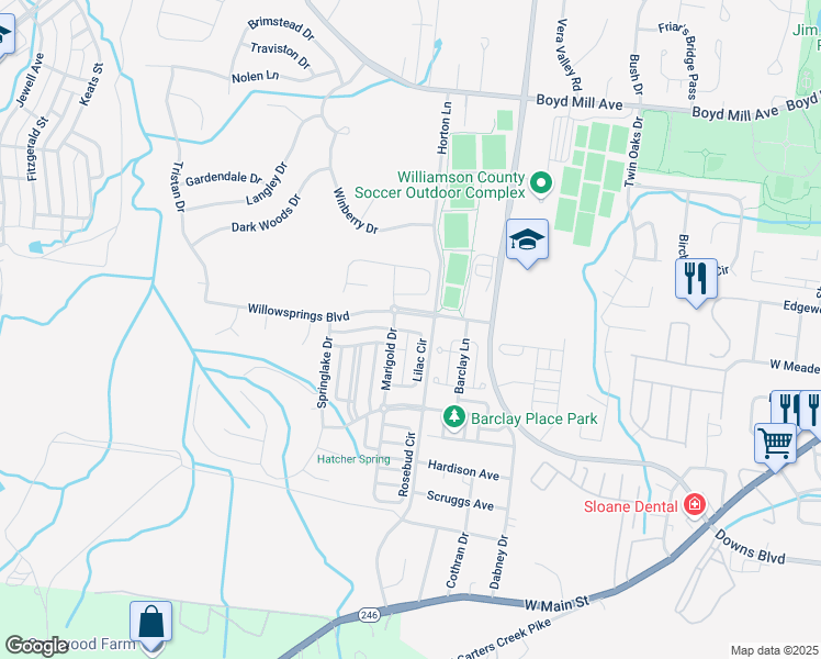 map of restaurants, bars, coffee shops, grocery stores, and more near 847 Lilac Circle in Franklin