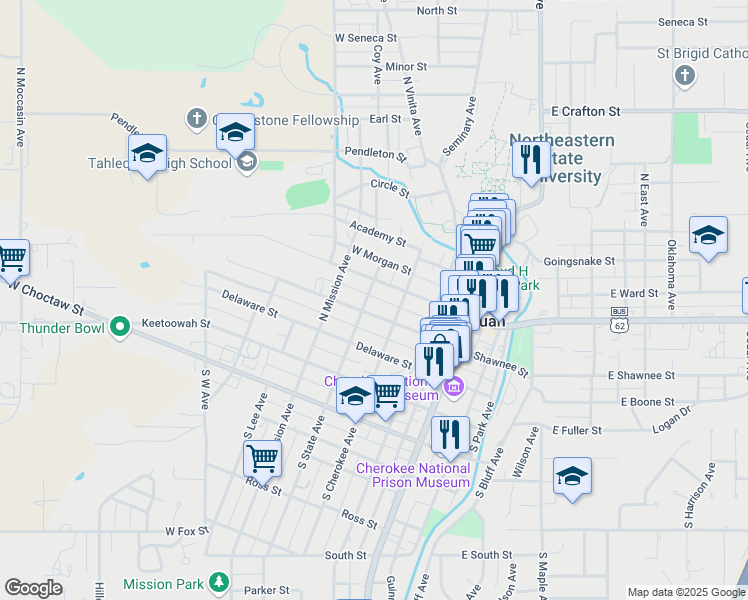 map of restaurants, bars, coffee shops, grocery stores, and more near 377 West Harrison Street in Tahlequah