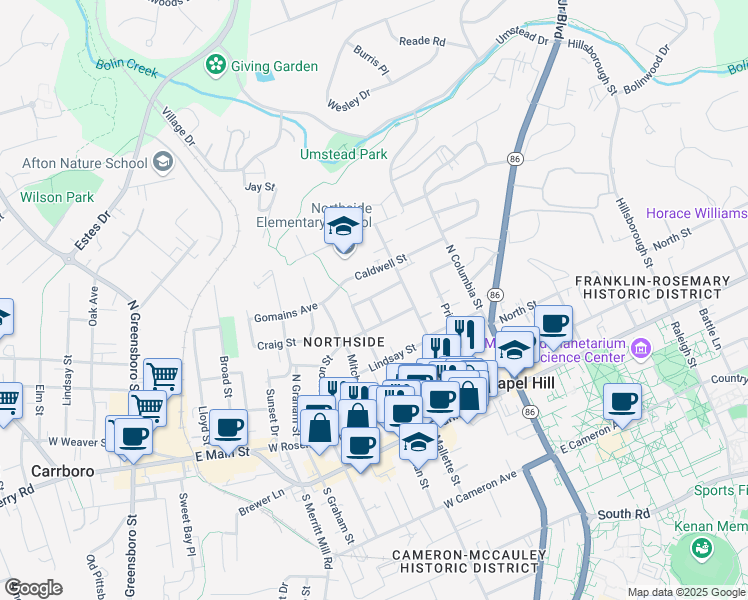map of restaurants, bars, coffee shops, grocery stores, and more near 315 Brooks Street in Chapel Hill