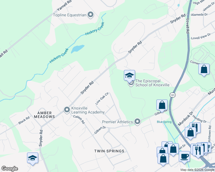 map of restaurants, bars, coffee shops, grocery stores, and more near 11204 Snyder Road in Knoxville