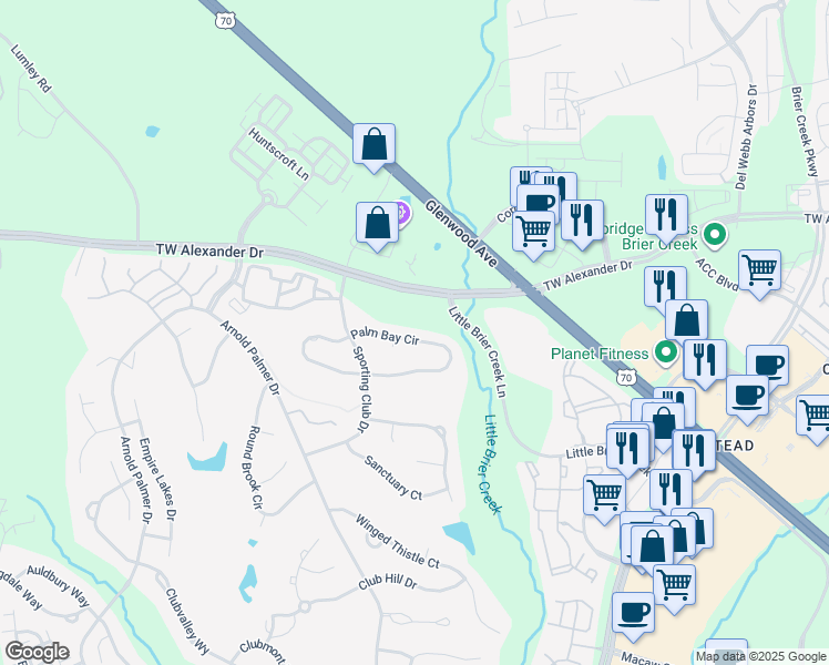 map of restaurants, bars, coffee shops, grocery stores, and more near 9236 Palm Bay Circle in Raleigh