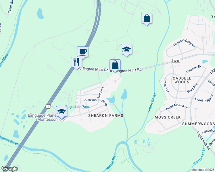 map of restaurants, bars, coffee shops, grocery stores, and more near 4516 Middletown Drive in Wake Forest