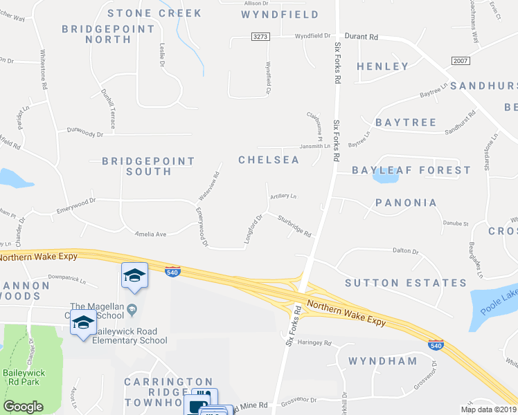 map of restaurants, bars, coffee shops, grocery stores, and more near 9821 Longford Dr in Raleigh