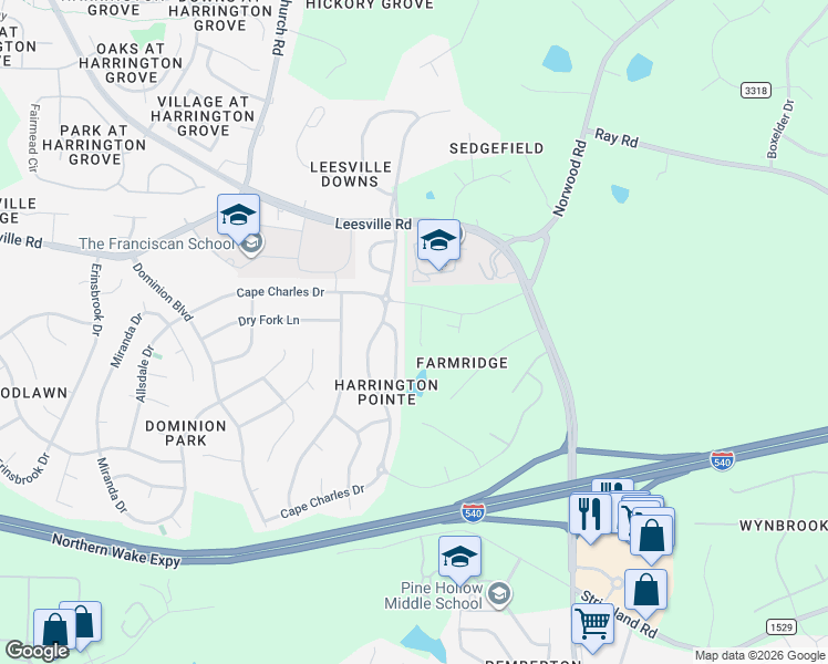 map of restaurants, bars, coffee shops, grocery stores, and more near 6042 McDevon Drive in Raleigh