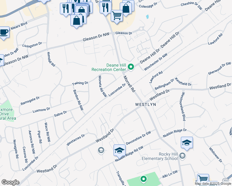 map of restaurants, bars, coffee shops, grocery stores, and more near 7528 Luscombe Drive in Knoxville