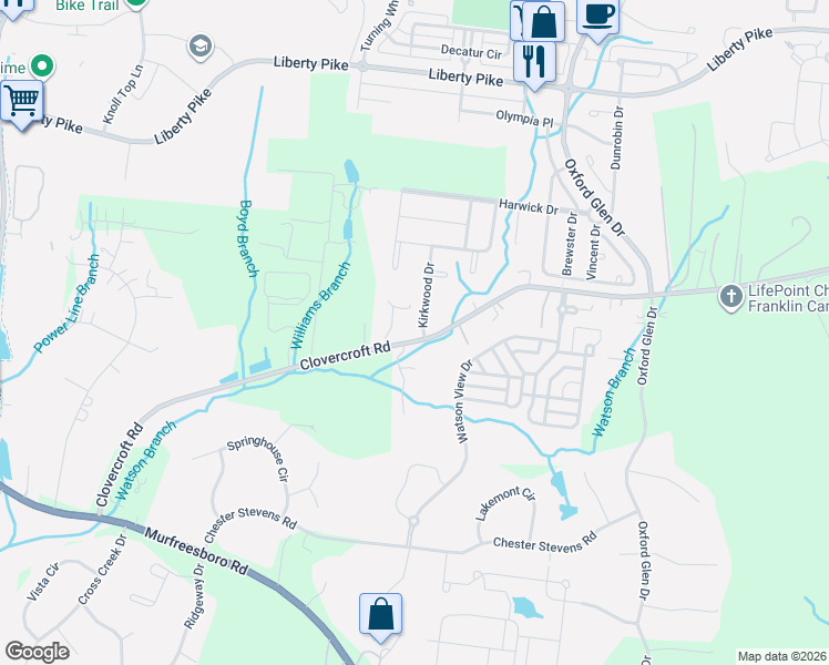 map of restaurants, bars, coffee shops, grocery stores, and more near 1101 Kirkwood Drive in Franklin