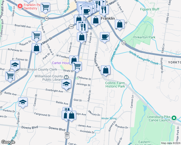map of restaurants, bars, coffee shops, grocery stores, and more near 1119 Parkview Drive in Franklin