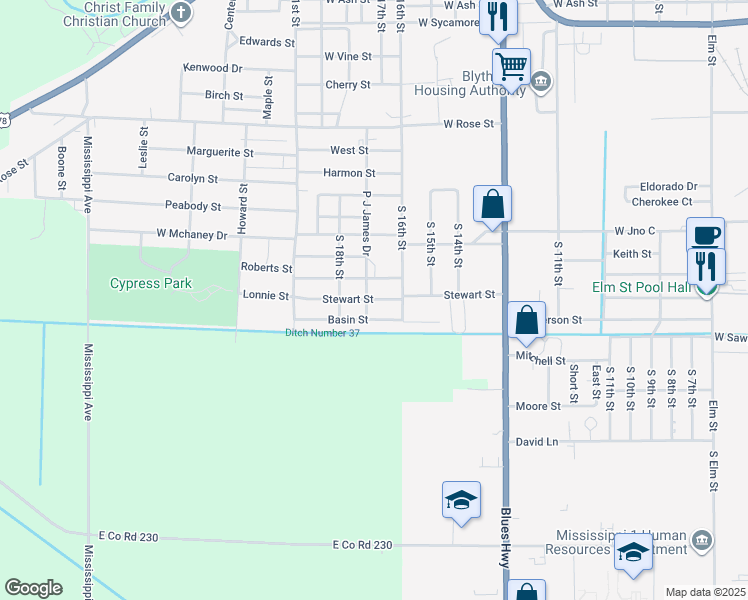 map of restaurants, bars, coffee shops, grocery stores, and more near 1701 Stewart Street in Blytheville