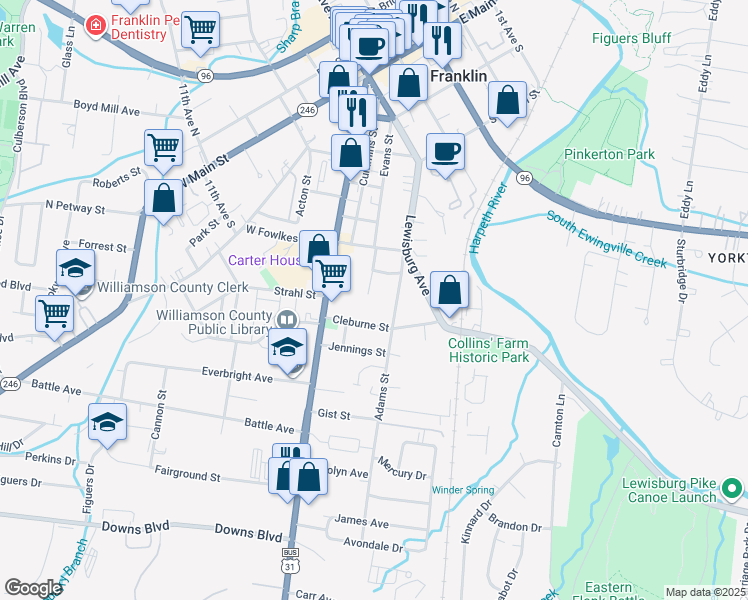 map of restaurants, bars, coffee shops, grocery stores, and more near 1119 Parkview Drive in Franklin