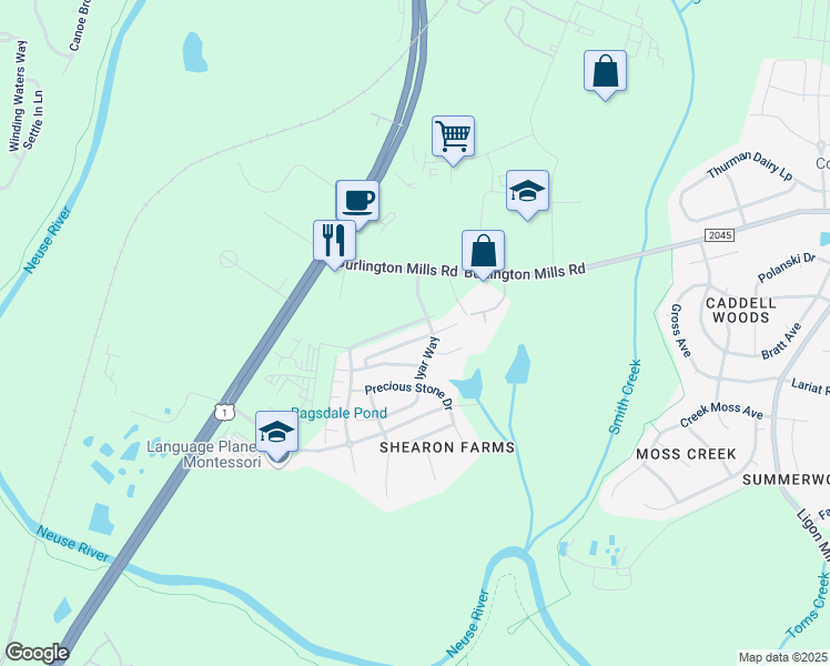 map of restaurants, bars, coffee shops, grocery stores, and more near 4489 Middletown Drive in Wake Forest