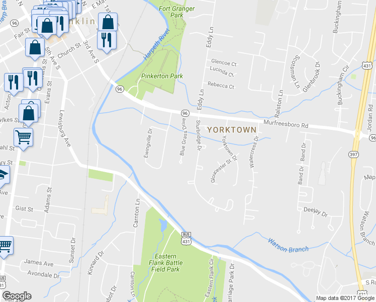 map of restaurants, bars, coffee shops, grocery stores, and more near 111 Blue Grass Drive in Franklin