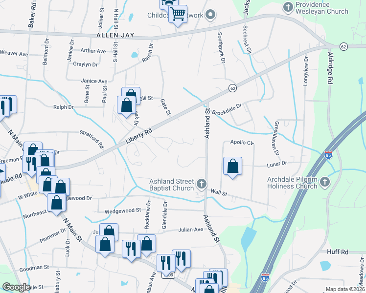 map of restaurants, bars, coffee shops, grocery stores, and more near 1004 Chesapeake Lane in Archdale